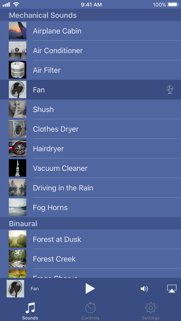 Interface of the Deep Sleep Sounds Pro app showing a list of mechanical sleep sounds