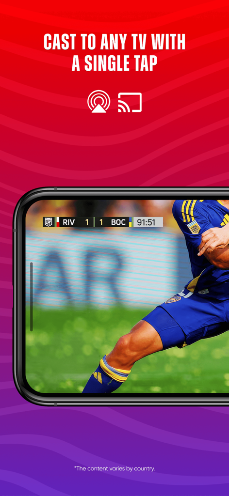 Fanatiz - Captura de pantalla de la aplicación Fanatiz mostrando la función para transmitir partidos de fútbol en vivo desde un teléfono inteligente a un televisor con un solo toque.