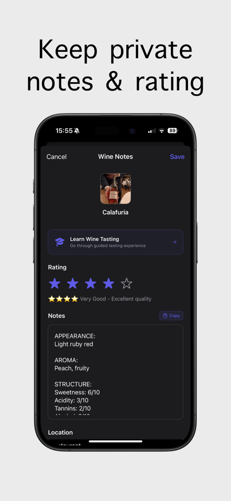 Wine Identifier: AI Scanner - Una pantalla de la aplicación Wine Identifier que muestra notas de cata personales y una calificación de cuatro estrellas para un vino.