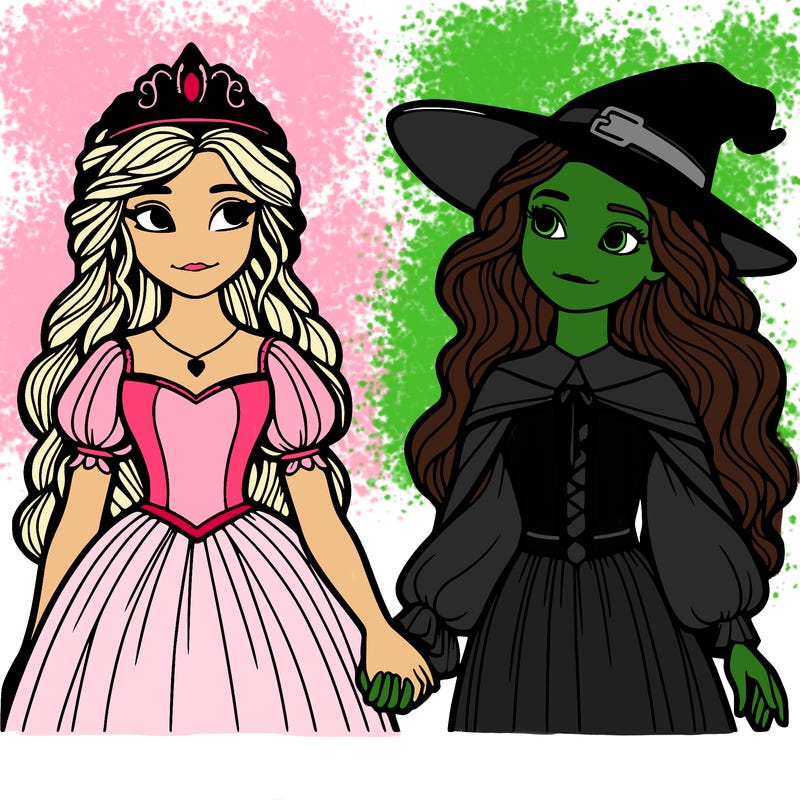 a princess and a witch holding hands realistic