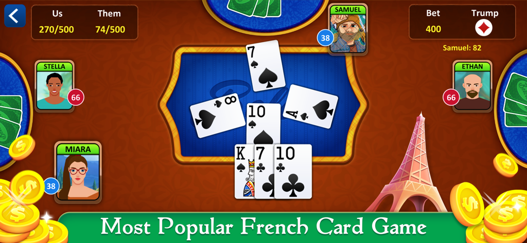 Belote: Trick-taking Card Game - Uma partida de quatro jogadores do jogo de cartas de vazas Belote apresentando avatares de jogadores e um placar