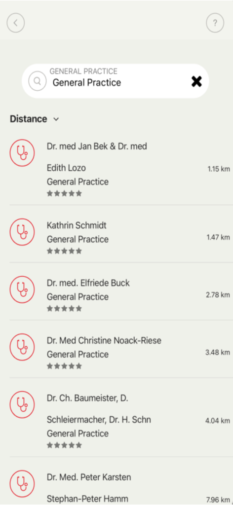 PassportCard Pcard app screen displaying a list of nearby doctors with ratings and distances