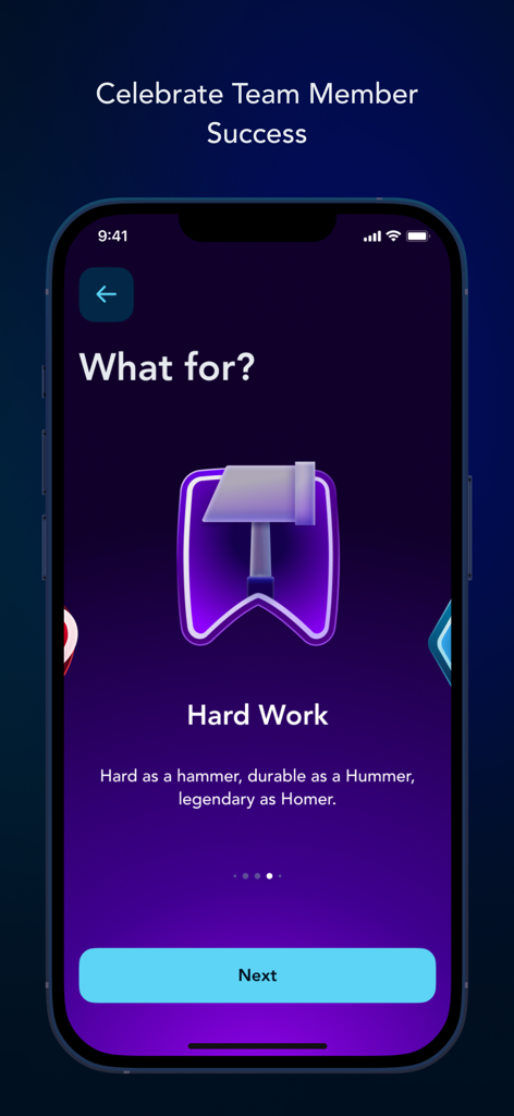 A screen in the Woven app for celebrating team success featuring a hard work badge with a hammer icon