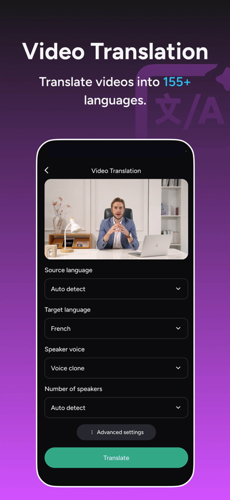 Akool app interface showing AI video translation settings including language selection and voice cloning