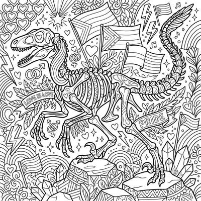 Dive into a prehistoric party with our unique Velociraptor Fossil and Pride Month coloring page. This intricate design beautifully blends ancient history with vibrant celebration, offering a truly original artistic experience.