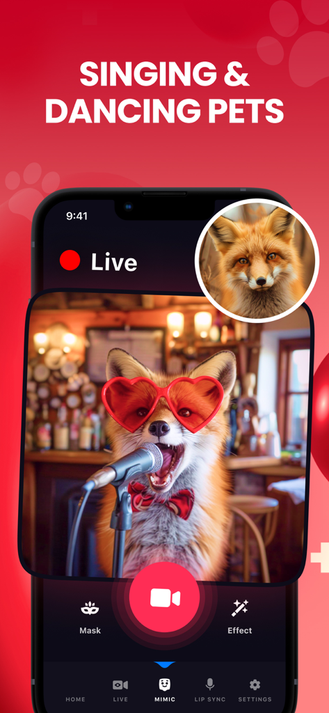 Talking Pet AI: Cat & Dog Talk - Uma raposa usando óculos em formato de coração cantando em um microfone no aplicativo Talking Pet AI.