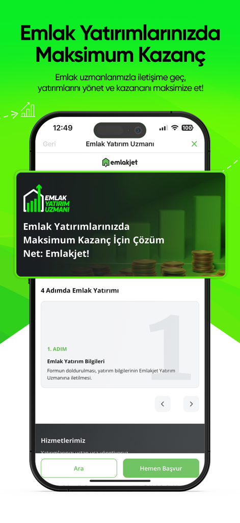 Emlakjet: Emlak Ara & İlan Ver - Emlakjet app screen showing real estate investment expert services and a 4-step investment guide.