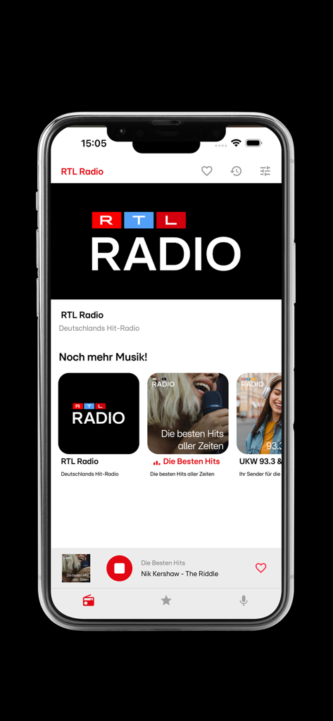 RTL RADIO - RTL RADIO mobile app home screen showing German music stations and playback controls