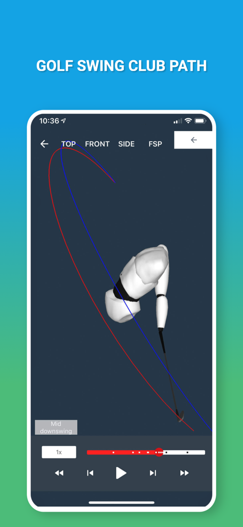 4D Motion - 3D biomechanical analysis of a golf swing club path in the 4D Motion app showing a top view trajectory.