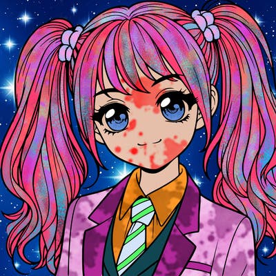 realistic girl with two ponytails and a suit on