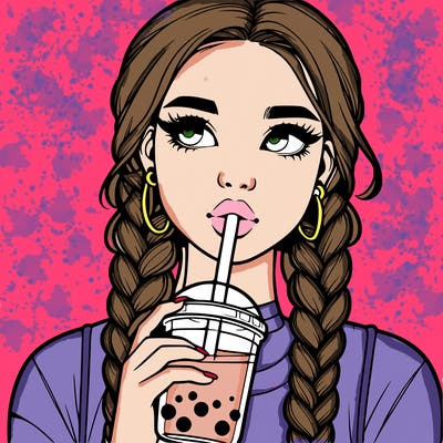 realistic girl with braided hair drinking boba