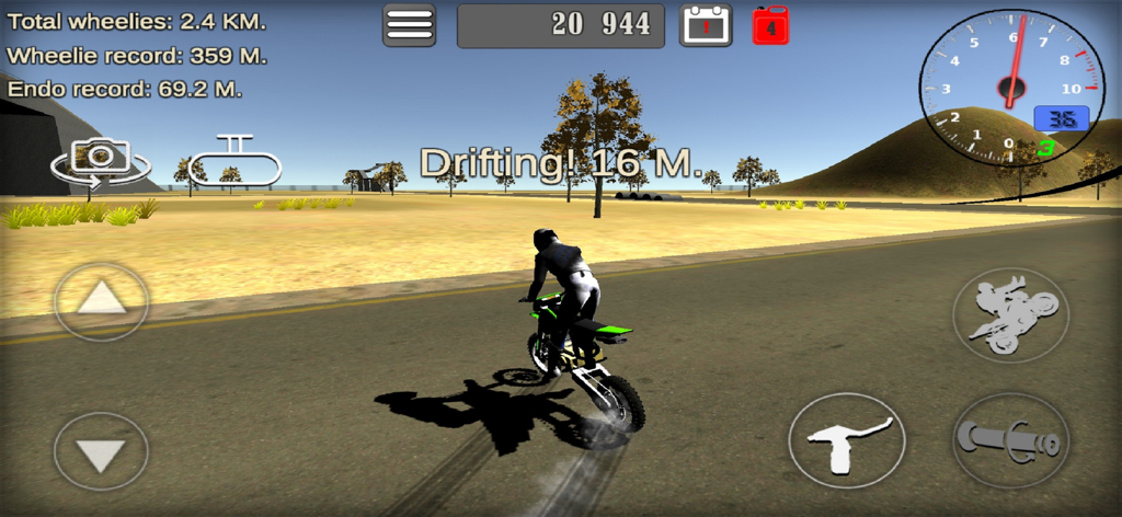 Wheelie King 3D - Un jugador realizando una acrobacia de derrape en moto en el juego móvil Wheelie King 3D con controles en pantalla y estadísticas de rendimiento.