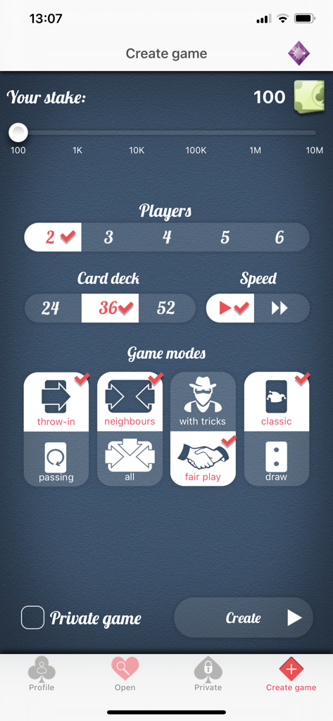 Oberfläche zur Erstellung eines neuen Spiels in Durak Online mit benutzerdefinierten Regeln und Einsätzen