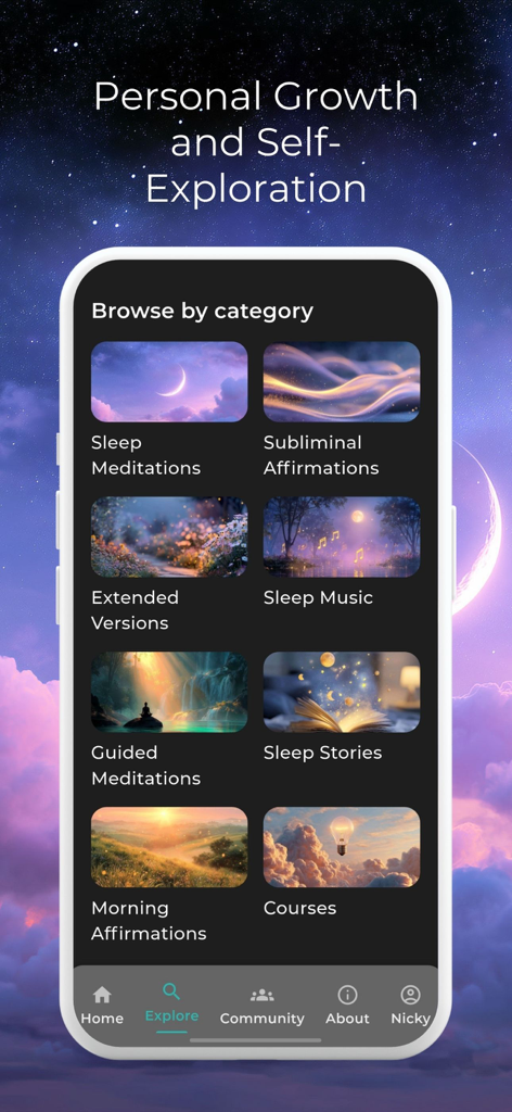 Sleep Time: Sleep Meditations - Screenshot of the Sleep Time app browse by category screen showing various meditation and personal growth options
