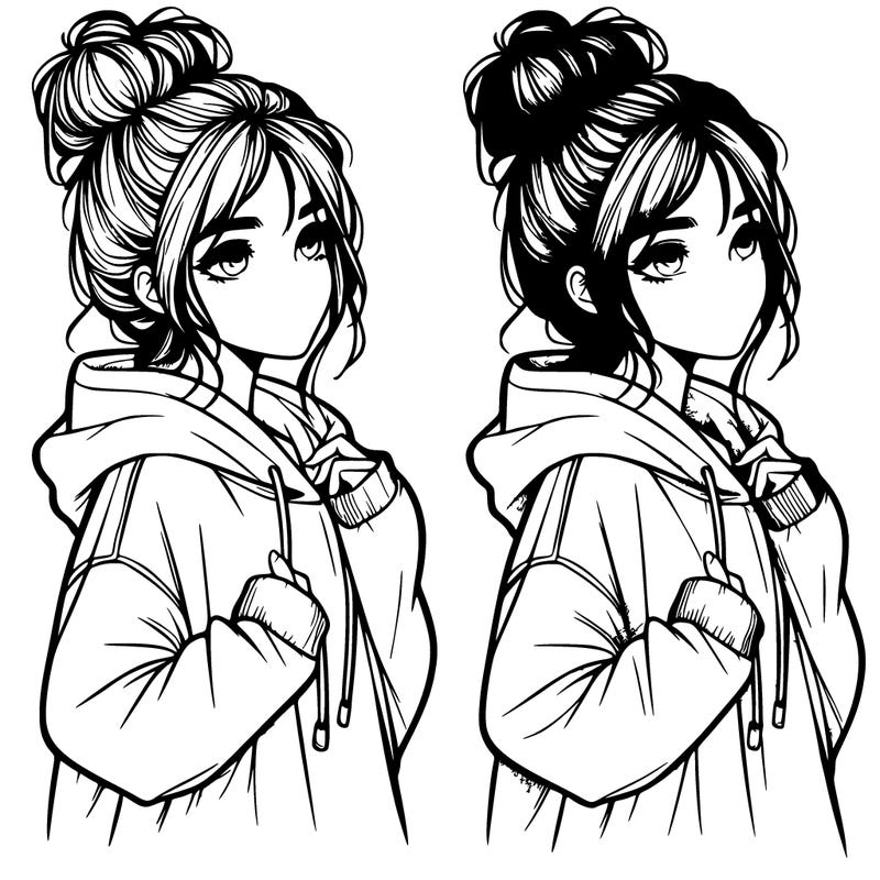 realistic girl wearing a oversized hoodie and messy bun