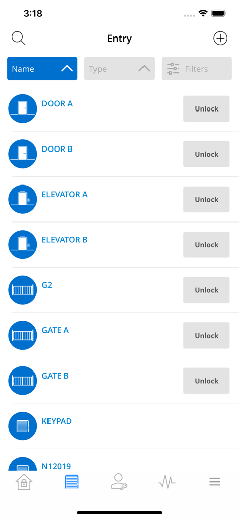 Storage Smart Entry by Nokē - A mobile app interface displaying a list of accessible doors gates and elevators with unlock buttons for a storage facility.
