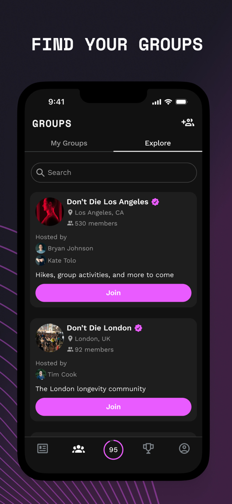 Don't Die - Bryan Johnson - Dont Die app interface showing local biohacking and longevity community groups to join