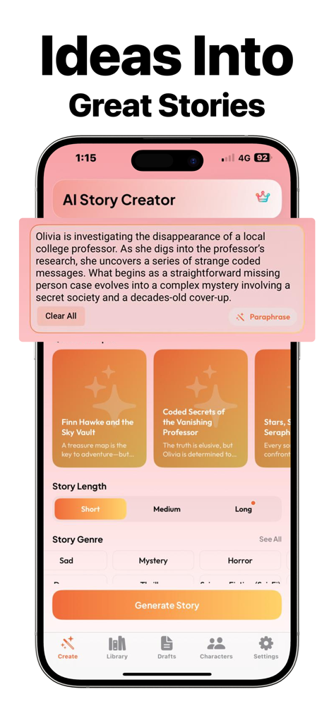 장르 및 길이 선택이 포함된 스토리 생성 화면을 보여주는 Novel AI 앱 인터페이스 스크린샷.