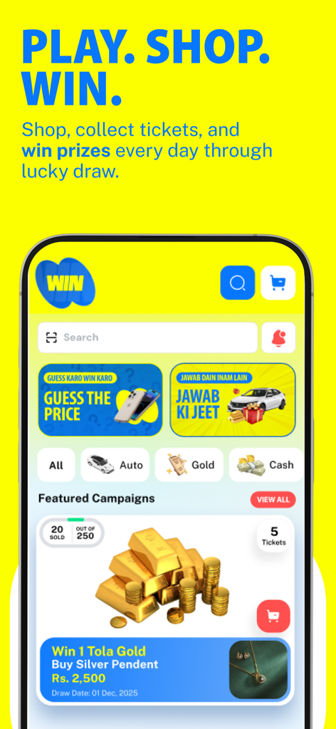 Mobile app interface of Buypass AI showing Play Shop Win campaigns and daily lucky draws for gold and cash prizes