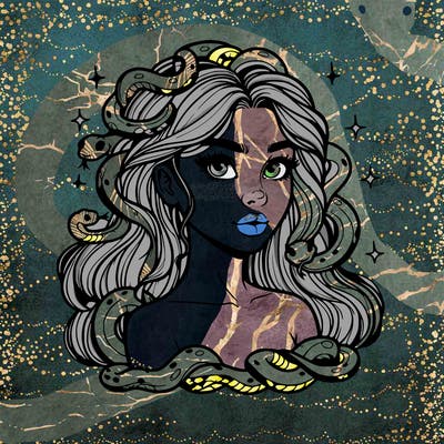 realistic girl with snakes as hair