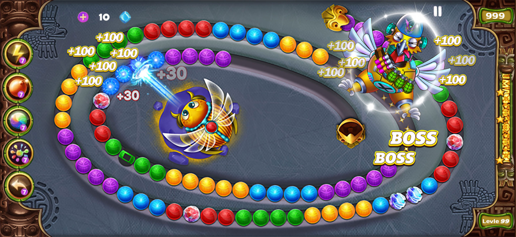 Zumball Classic - Marble Rush - Zumball Classic gameplay showing a scarab shooter and a mechanical boss character in a marble puzzle level