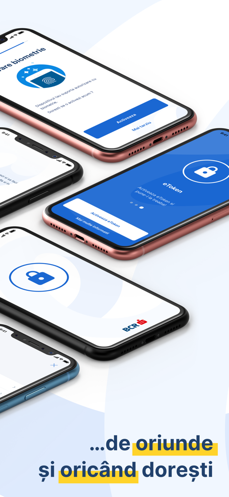 eToken BCR security application interface displayed on multiple iPhones