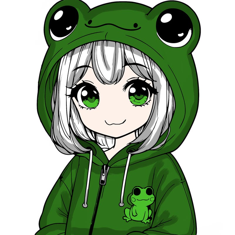 cute realistic girl in a froggy hoodie