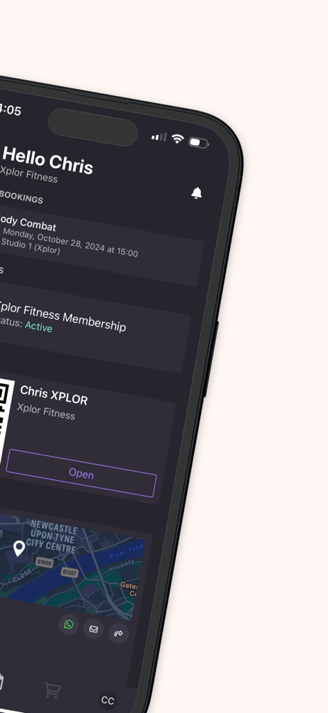 Xplor Active - Tela de smartphone exibindo o aplicativo Xplor Active com agendamentos de aulas de academia e detalhes da associação