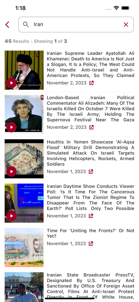 MEMRI iPhone Edition - Resultados da pesquisa do aplicativo MEMRI para iPhone sobre o Irã, exibindo vídeos de notícias traduzidos do Oriente Médio.