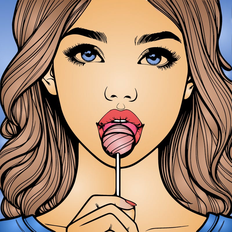 a realistic girl with a lollipop in her mouth