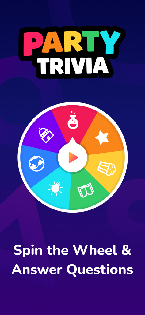 Party Trivia! Group Quiz Game - Party Trivia app showing a colorful category wheel to spin and answer questions