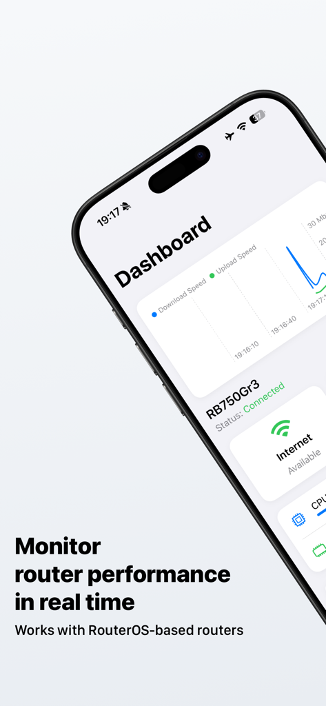 Mikrolink Hotspot - Panel de la aplicación Mikrolink Hotspot mostrando métricas de rendimiento del router en tiempo real y estado de la conexión en un iPhone.