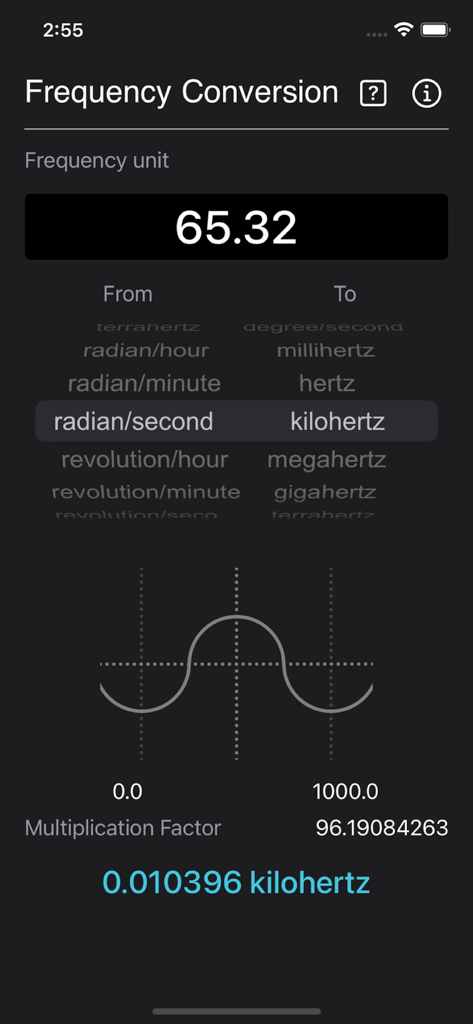 Interfaz técnica de aplicación móvil que muestra la conversión de unidades de frecuencia de radián por segundo a kilohertz