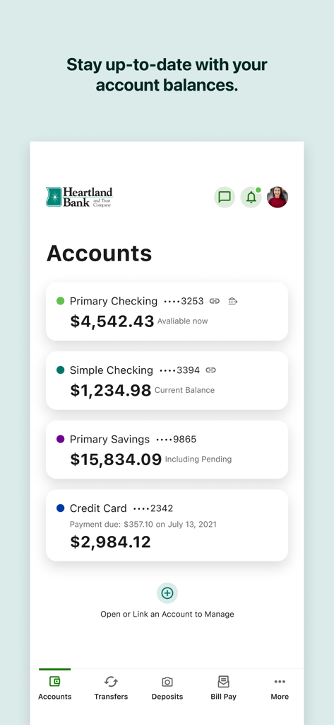Heartland Bank Mobile Banking - Heartland Bank mobile app dashboard displaying multiple account balances for checking savings and credit cards