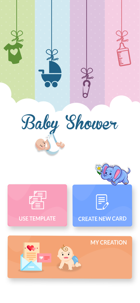 Main menu of the Baby Shower Card Maker app showing options for templates and card creation