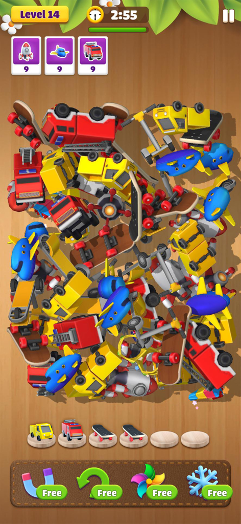 Dream Family: Triple Match 3D - Gameplay screen of Dream Family Triple Match 3D showing colorful 3D toy vehicles to be matched and collected