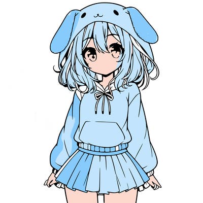 pretty anime girl wearing a fluffy hoodie with bunny ears on the hood and a skirt