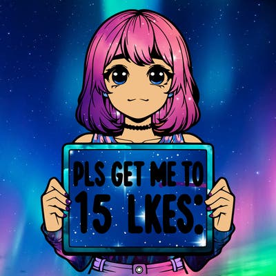 realistic girl holding up a sign that says “pls get me to 15 likes!”