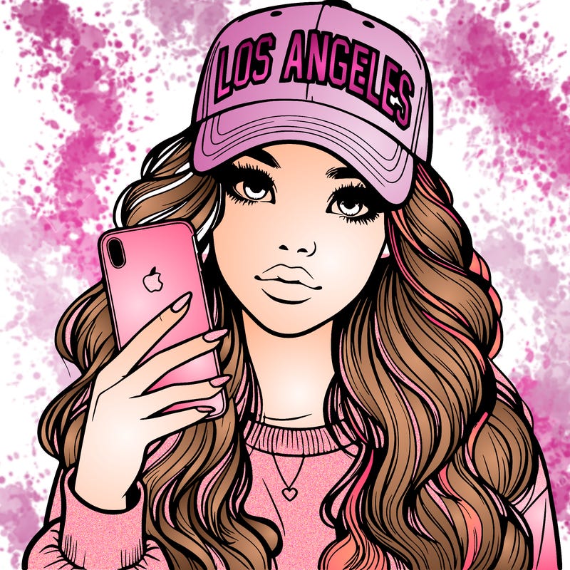 realistic beautiful girl wearing los ángeles cap holding an iphone