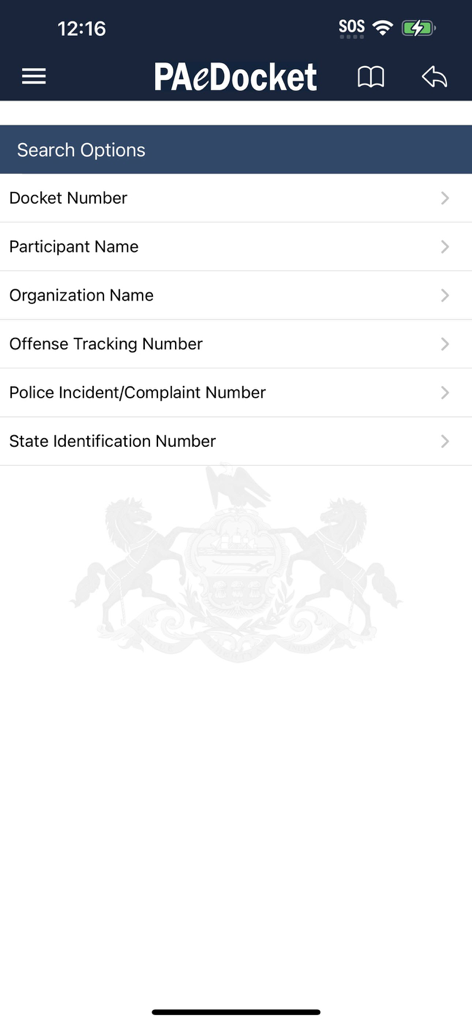 PAeDocket - Pantalla de búsqueda de la aplicación PAeDocket que muestra opciones para número de expediente, nombre del participante y número de seguimiento de delitos