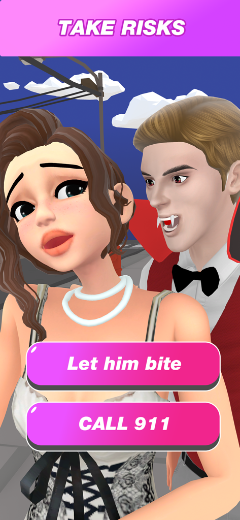 Become a Vampire Queen - Una escena de historia interactiva donde una chica elige entre dejarse morder por un vampiro o llamar al 911