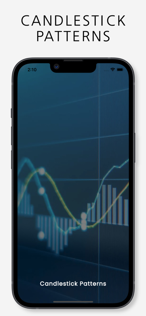 Candlestick Patterns : Learn - Mobile phone screen showing the Candlestick Patterns app with a financial chart