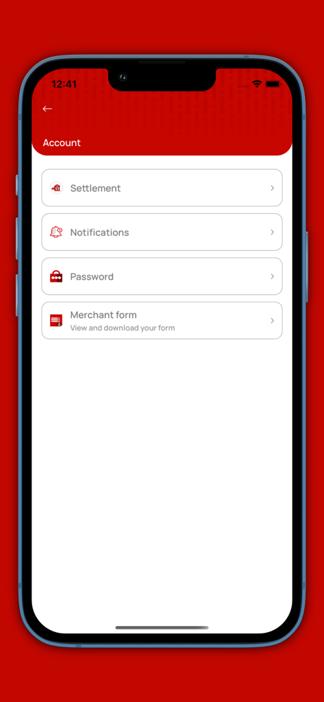 iPay Merchant - Account settings interface of the iPay Merchant app featuring settlement and notification options.