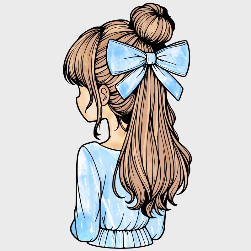 realistic girl  with hip length hair a bun and a big bow on the back of head