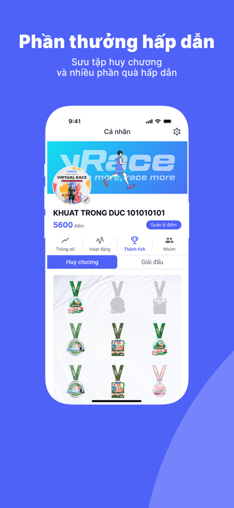 User profile in the vRace app showing a collection of earned virtual medals and achievement points.