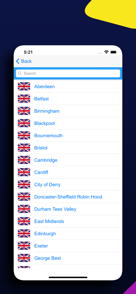 UK Flights: See live all Sky - Liste consultable des aéroports et des villes du Royaume-Uni dans l'application UK Flights.