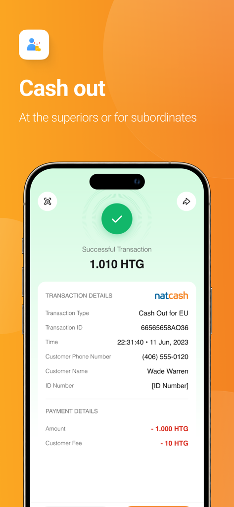 Una pantalla móvil que muestra una transacción de retiro exitosa en la aplicación Agente Natcash con información detallada del recibo de pago
