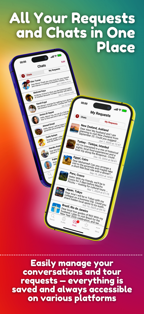 Private Guide World - Screenshot of the Private Guide World app showing direct chat messaging and travel request management with local tour guides.