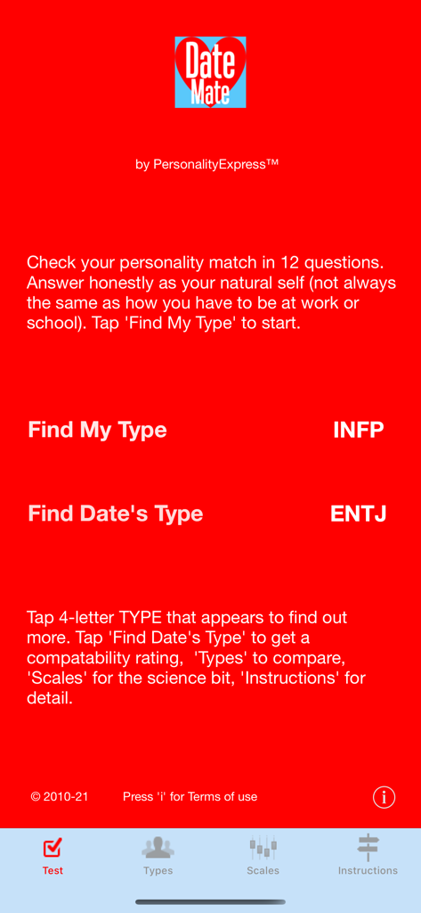 The personality test interface of the Date Mate Dating app with options to find user and date personality types