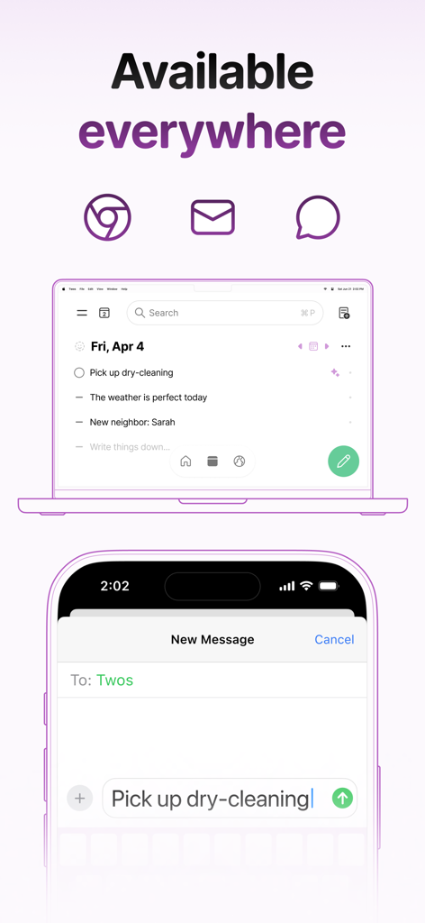 Twos: Get Things Off Your Mind - Twos productivity app displayed on a laptop and smartphone showing synchronization across devices and platforms like email and messaging.